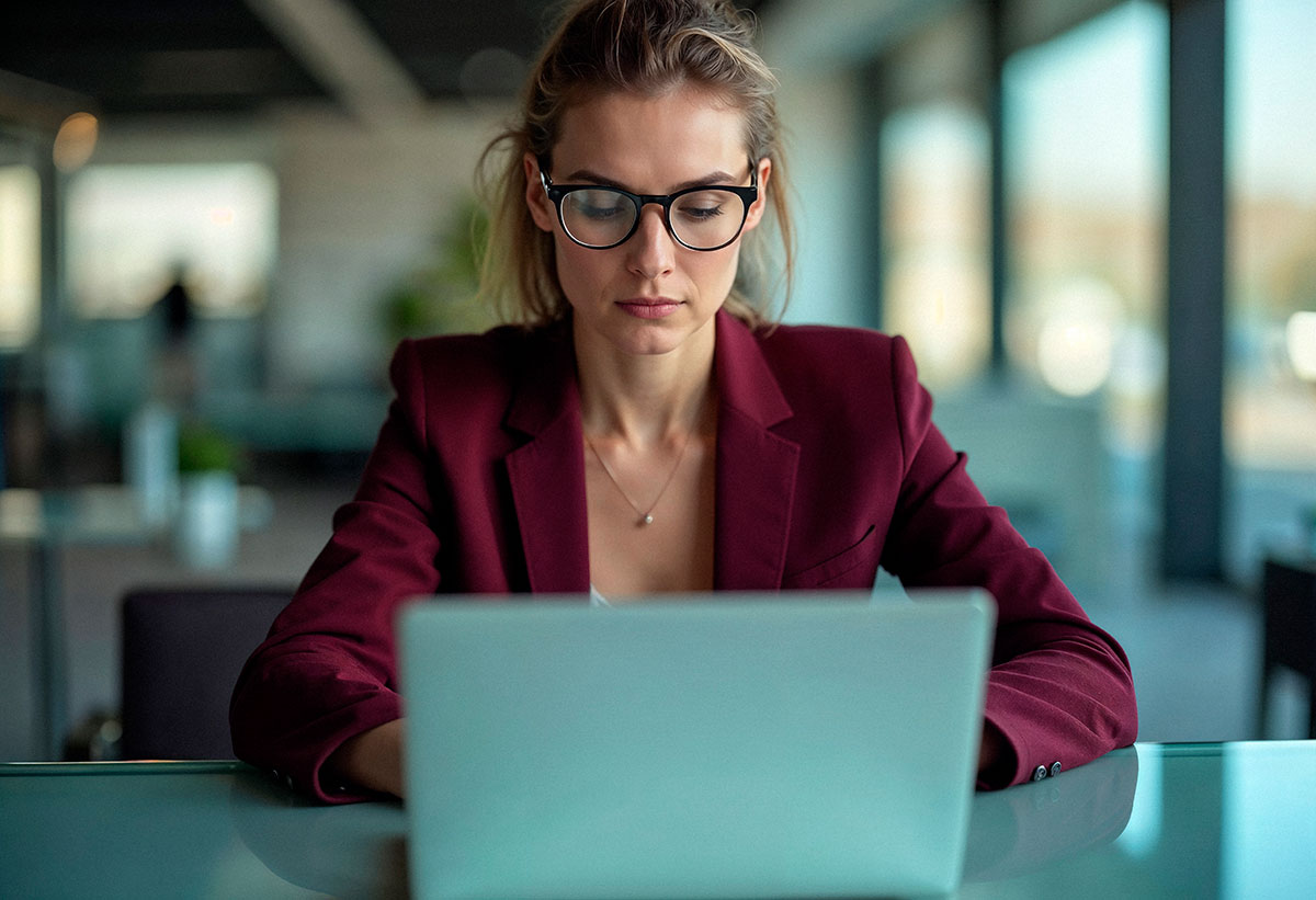 Woman working on laptop in office setting